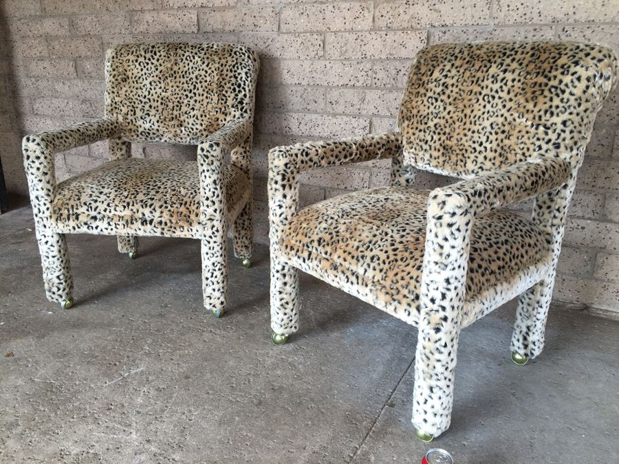 Pair Of Upholstered Classy Faux Animal Print Armchairs On Brass Casters [Photo 4]
