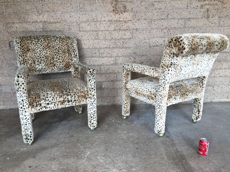 Pair Of Upholstered Classy Faux Animal Print Armchairs On Brass Casters [Photo 2]