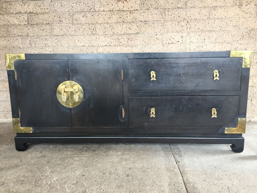 Stunning Cathay Arts Co Hong Kong Mid-Century Carved Black Credenza Cabinet With Brass Accents [Photo 4]