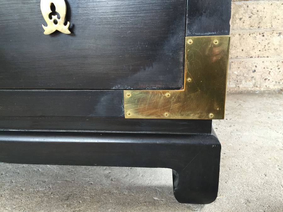 Stunning Cathay Arts Co Hong Kong Mid-Century Carved Black Credenza Cabinet With Brass Accents [Photo 6]