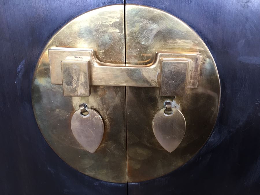 Stunning Cathay Arts Co Hong Kong Mid-Century Carved Black Credenza Cabinet With Brass Accents [Photo 8]