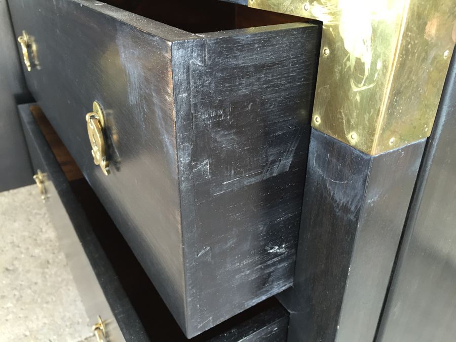 Stunning Cathay Arts Co Hong Kong Mid-Century Carved Black Credenza Cabinet With Brass Accents [Photo 11]