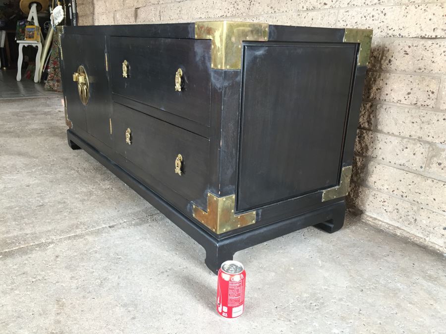 Stunning Cathay Arts Co Hong Kong Mid-Century Carved Black Credenza Cabinet With Brass Accents [Photo 2]
