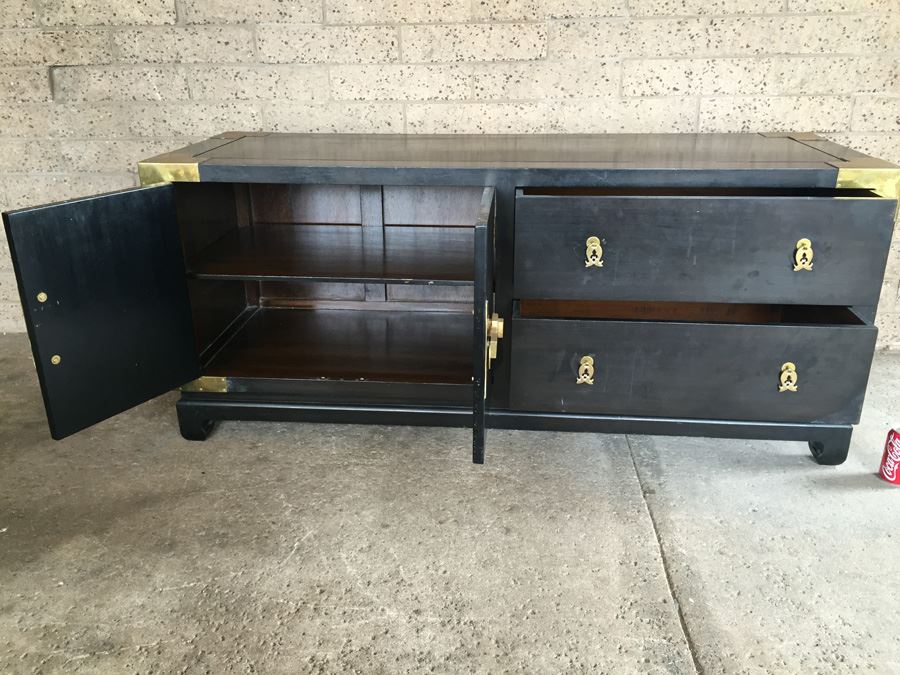 Stunning Cathay Arts Co Hong Kong Mid-Century Carved Black Credenza Cabinet With Brass Accents [Photo 3]