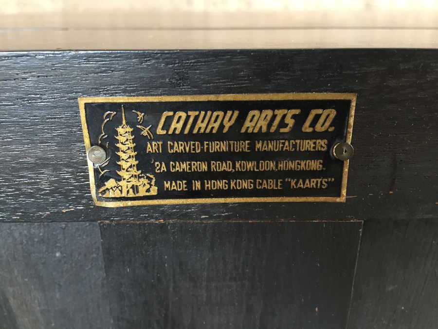 Stunning Cathay Arts Co Hong Kong Mid-Century Carved Black Credenza Cabinet With Brass Accents [Photo 14]