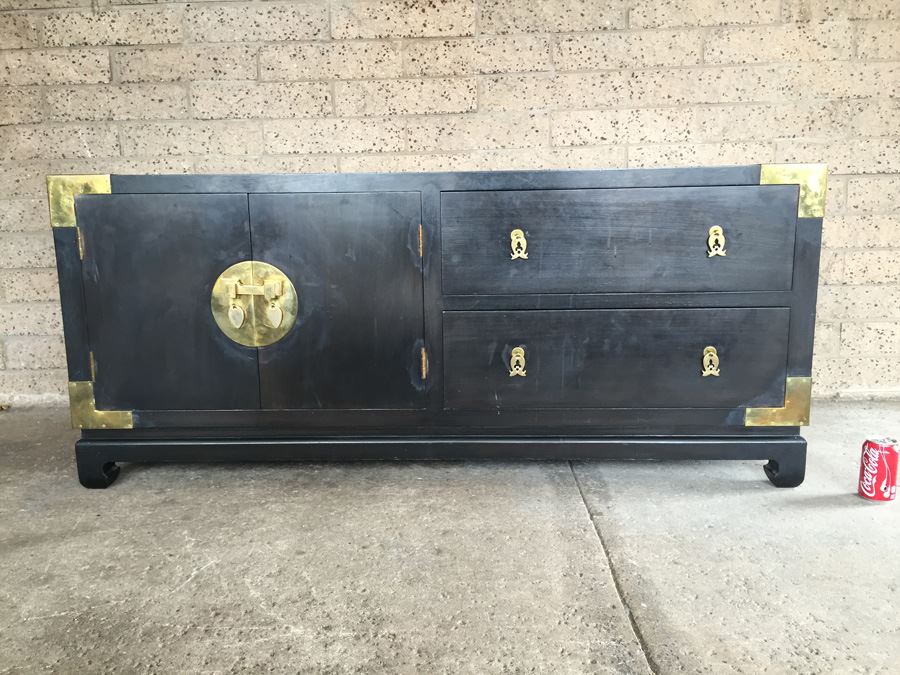 Stunning Cathay Arts Co Hong Kong Mid-Century Carved Black Credenza Cabinet With Brass Accents [Photo 1]