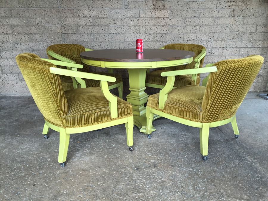 Vintage Green Pedestal Table With Four Upholstered Chairs On Casters [Photo 1]