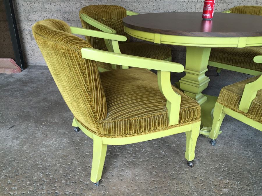 Vintage Green Pedestal Table With Four Upholstered Chairs On Casters [Photo 5]