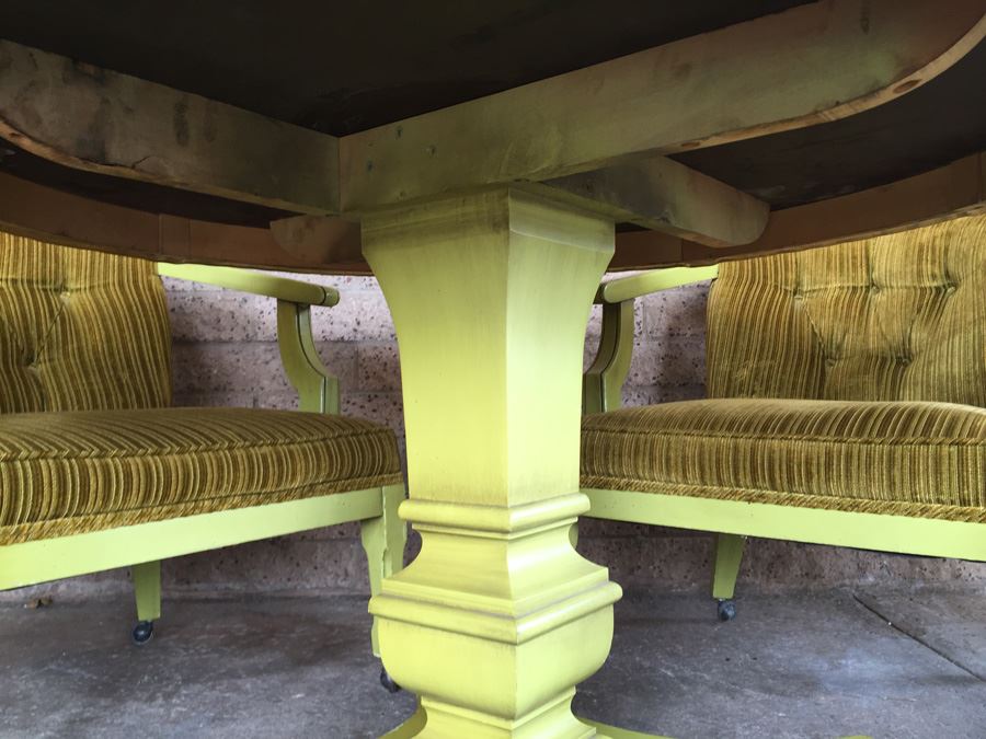 Vintage Green Pedestal Table With Four Upholstered Chairs On Casters [Photo 12]