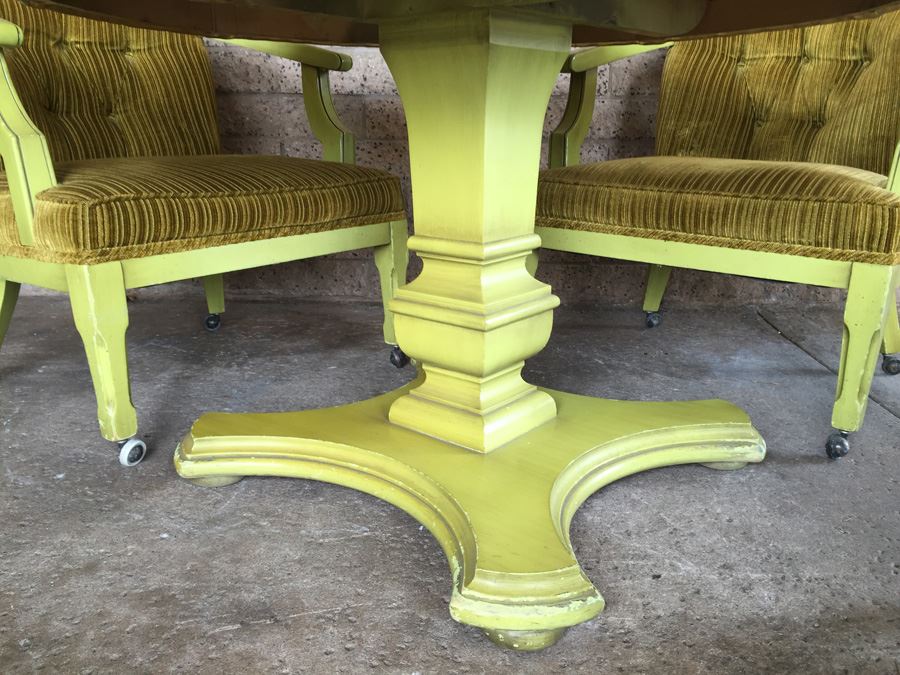 Vintage Green Pedestal Table With Four Upholstered Chairs On Casters [Photo 13]
