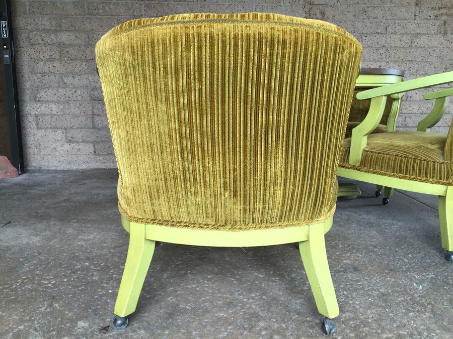 Vintage Green Pedestal Table With Four Upholstered Chairs On Casters [Photo 10]