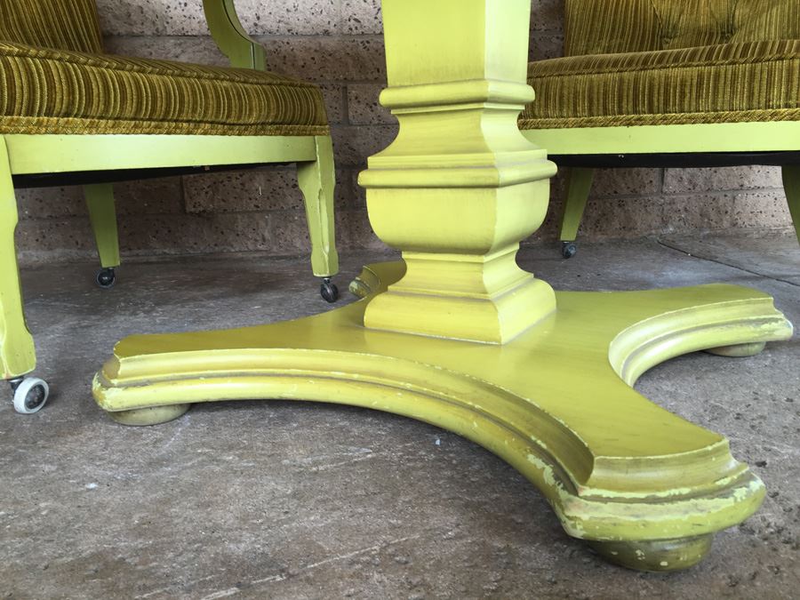 Vintage Green Pedestal Table With Four Upholstered Chairs On Casters [Photo 14]