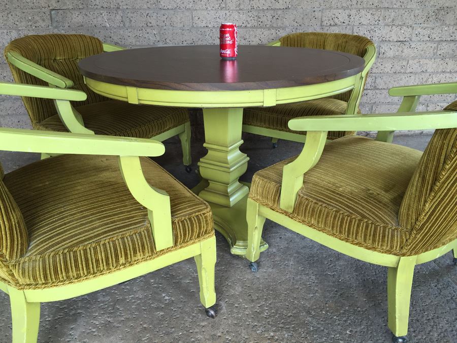 Vintage Green Pedestal Table With Four Upholstered Chairs On Casters [Photo 6]