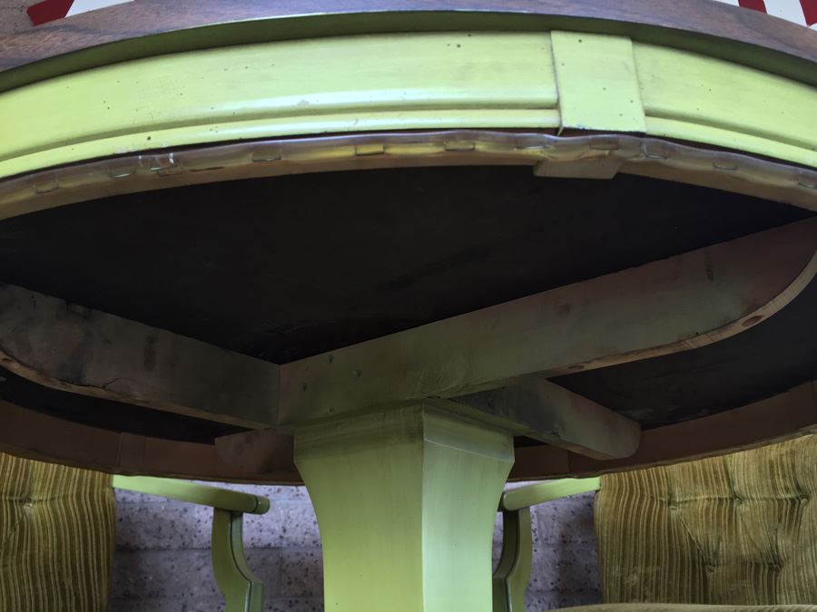 Vintage Green Pedestal Table With Four Upholstered Chairs On Casters [Photo 11]
