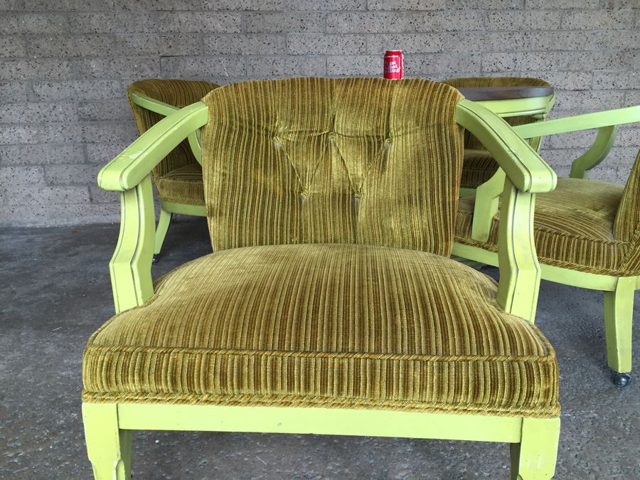 Vintage Green Pedestal Table With Four Upholstered Chairs On Casters [Photo 8]