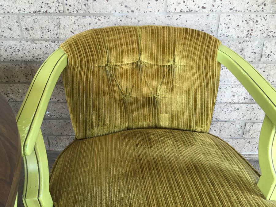 Vintage Green Pedestal Table With Four Upholstered Chairs On Casters [Photo 16]