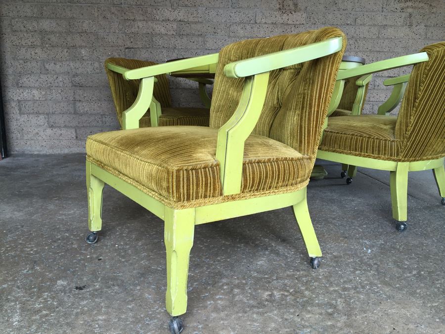 Vintage Green Pedestal Table With Four Upholstered Chairs On Casters [Photo 9]