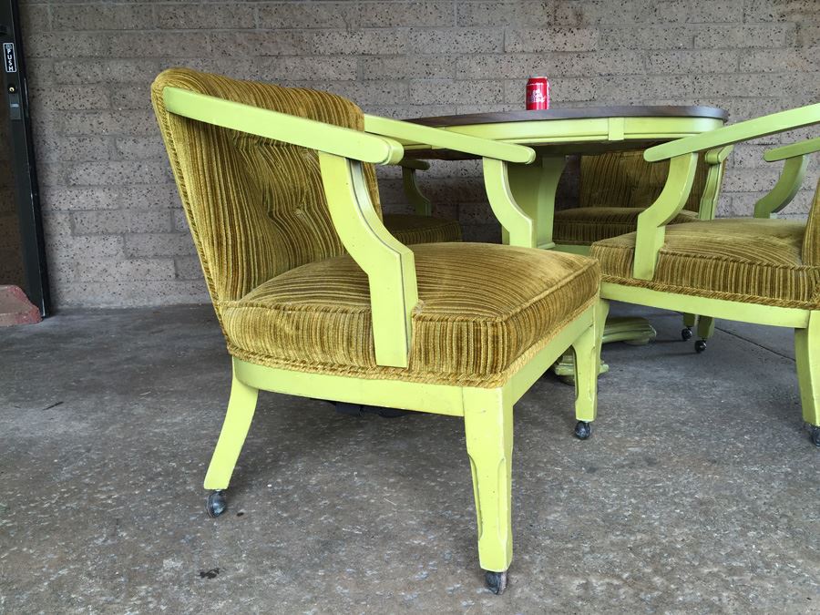 Vintage Green Pedestal Table With Four Upholstered Chairs On Casters [Photo 7]