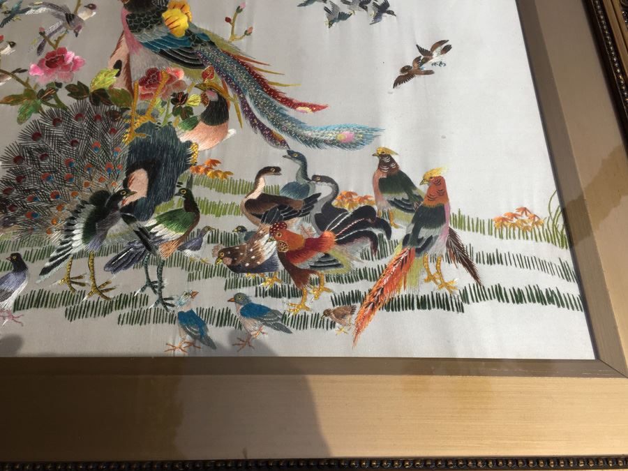 Signed Chinese Silk Embroidery Of Birds  [Photo 8]