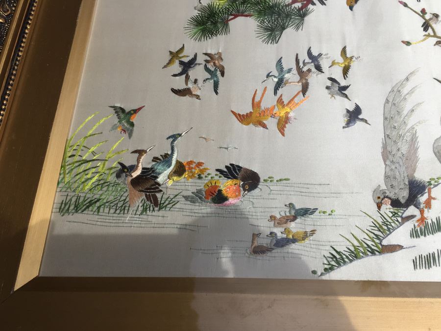 Signed Chinese Silk Embroidery Of Birds  [Photo 6]