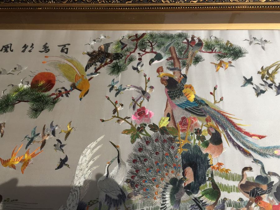 Signed Chinese Silk Embroidery Of Birds  [Photo 3]