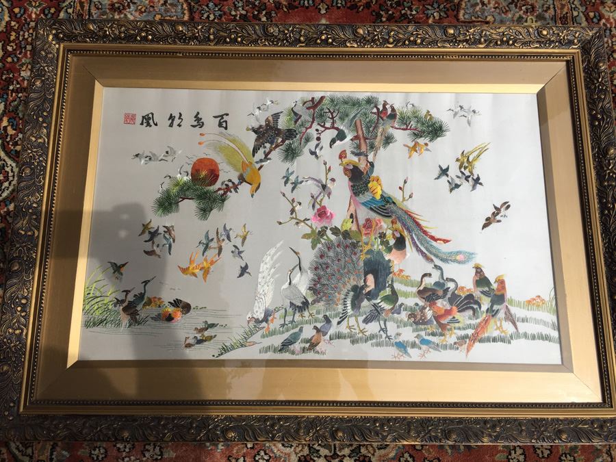 Signed Chinese Silk Embroidery Of Birds