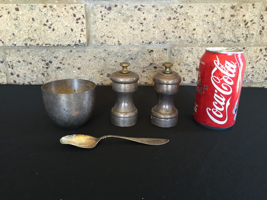 Sterling Silver Lot Includes Salt & Pepper Shakers, Old Spoon And Stieff Sterling Jefferson Cup [Photo 1]
