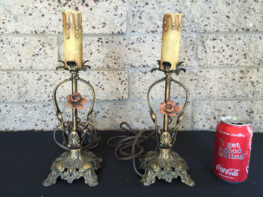 Pair Of Vintage Hand Painted Metal Table Lamps