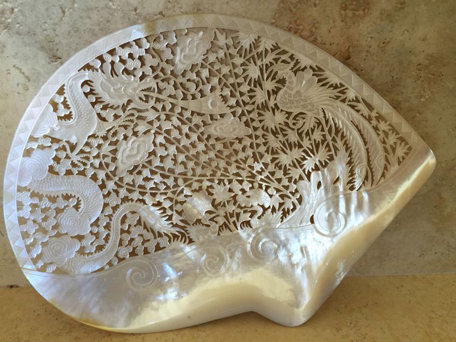 Finely Hand Carved Abalone Shell With Dragon And Bird [Photo 4]