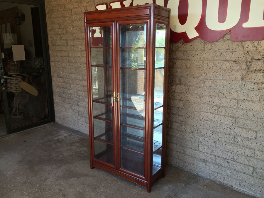 Beautiful Rosewood Curio Cabinet With Glass On Front, Sides, And Shelves Plus Internal Lighting