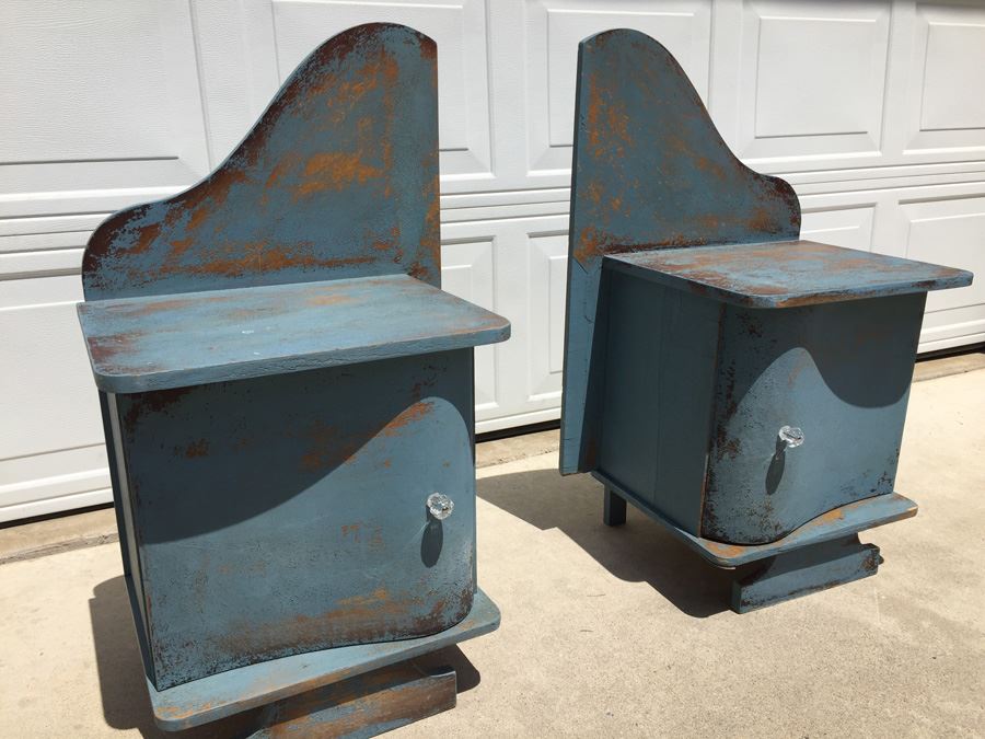 Pair Of Distressed Wood Chabby Chic Blue Nightstands [Photo 4]