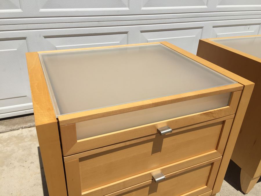 Pair Of Contemporary Nightstands With Glass Tops
