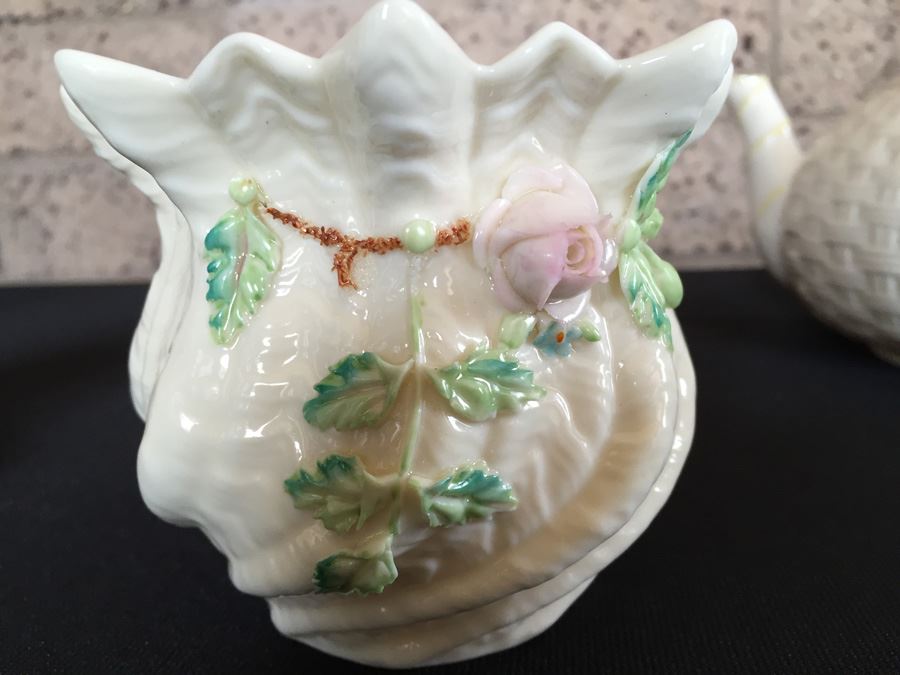 Vintage Belleek China Teapot, Cup And Saucer, Heart Shaped Bowl and Rose Cup Ireland [Photo 10]