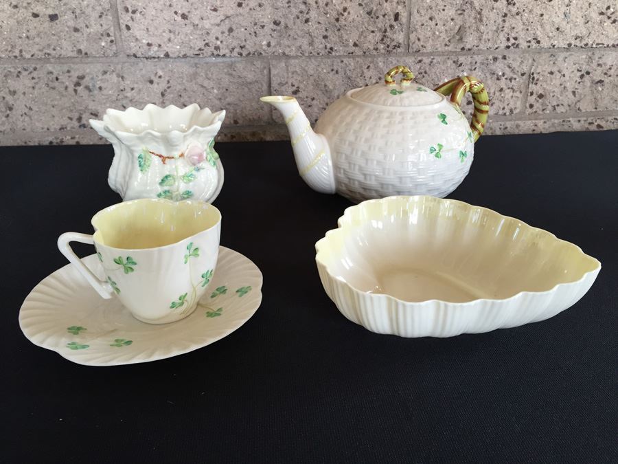 Vintage Belleek China Teapot, Cup And Saucer, Heart Shaped Bowl and Rose Cup Ireland