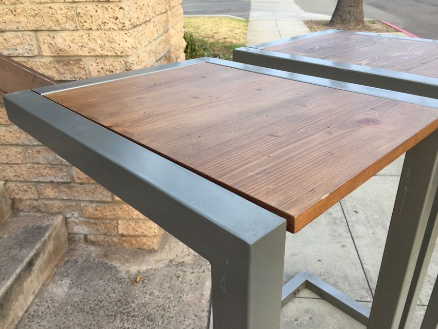 Pair Of Industrial Wood And Metal Pedestals Use For Displaying Items Or As Tables [Photo 5]