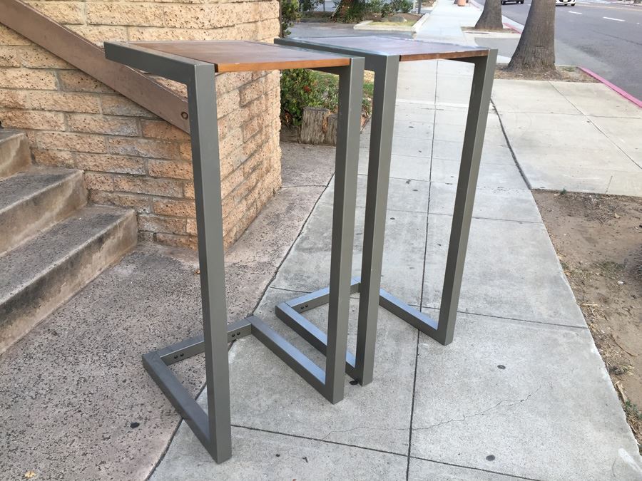 Pair Of Industrial Wood And Metal Pedestals Use For Displaying Items Or As Tables [Photo 4]