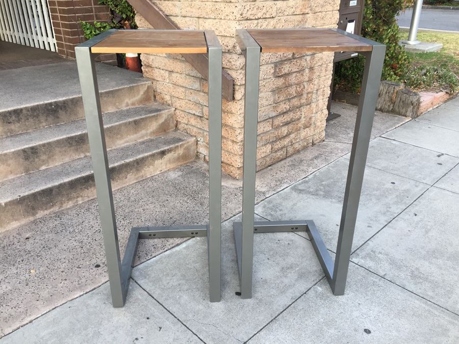 Pair Of Industrial Wood And Metal Pedestals Use For Displaying Items Or As Tables [Photo 1]