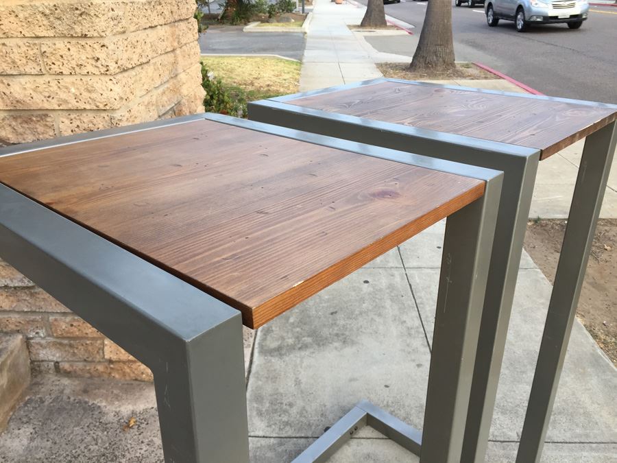 Pair Of Industrial Wood And Metal Pedestals Use For Displaying Items Or As Tables [Photo 3]