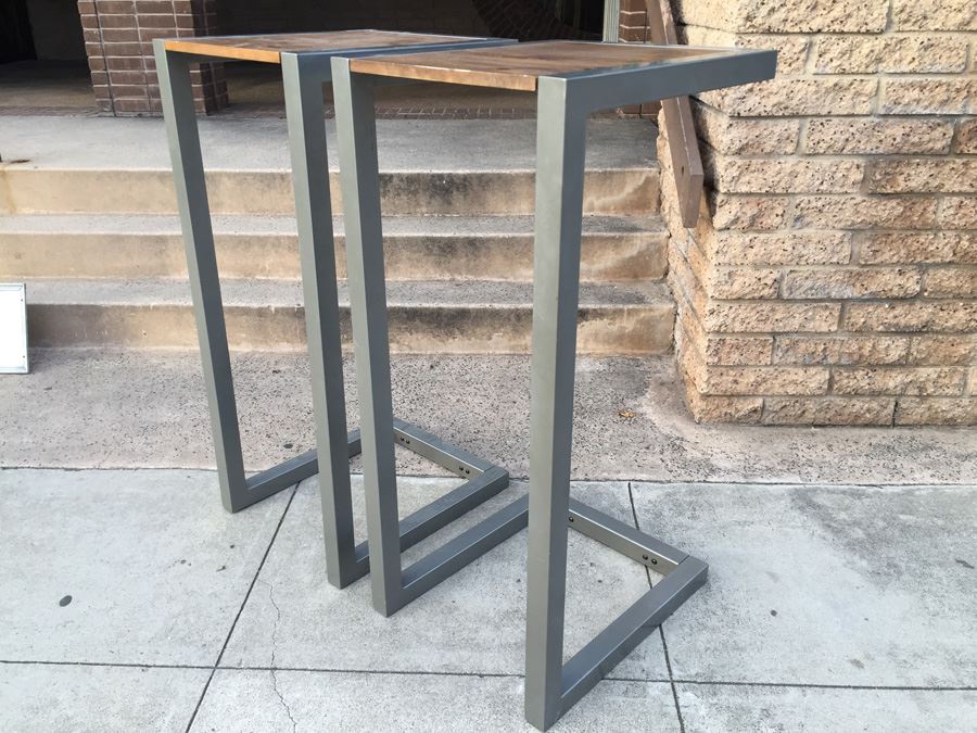 Pair Of Industrial Wood And Metal Pedestals Use For Displaying Items Or As Tables [Photo 2]