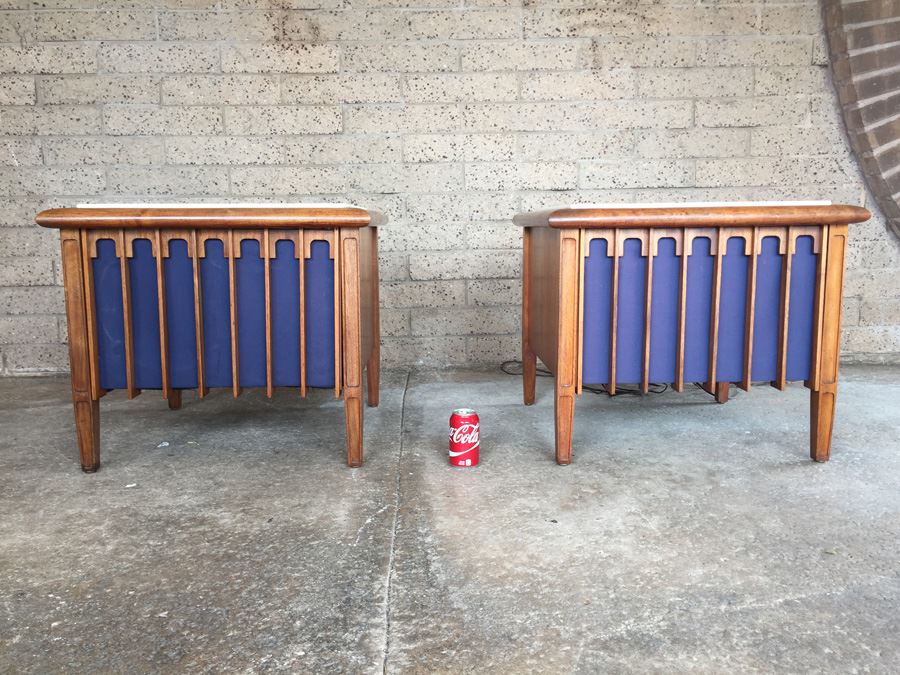 Pair Of Custom Mid-Century Modern End Tables With Marble Tops And Built In Electro-Voice Speaker Cabinets [Photo 1]