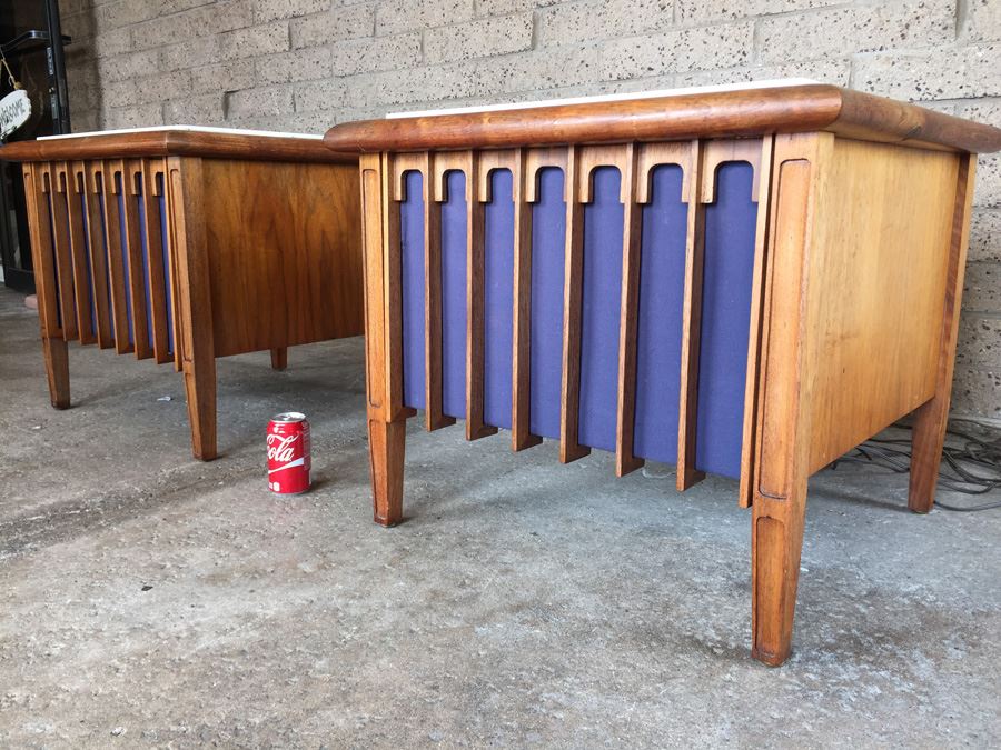 Pair Of Custom Mid-Century Modern End Tables With Marble Tops And Built In Electro-Voice Speaker Cabinets [Photo 2]