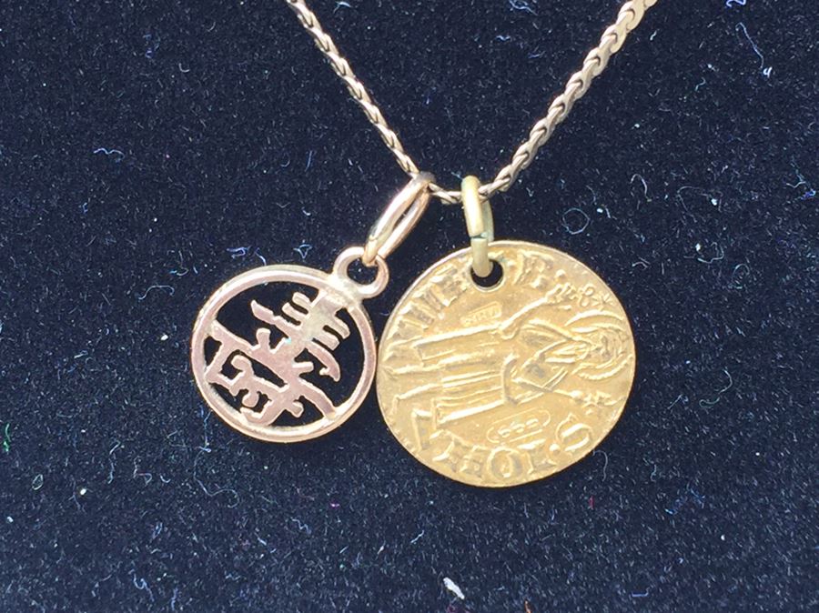 14K Gold Herringbone Necklace With Old 24K Gold Catholic Fleur De Lis Pendant And 14K Gold Asian Pendant [Photo 2]