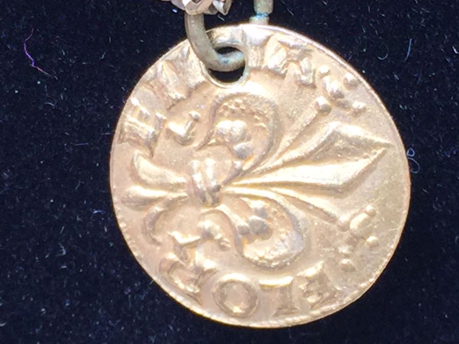 14K Gold Herringbone Necklace With Old 24K Gold Catholic Fleur De Lis Pendant And 14K Gold Asian Pendant [Photo 3]