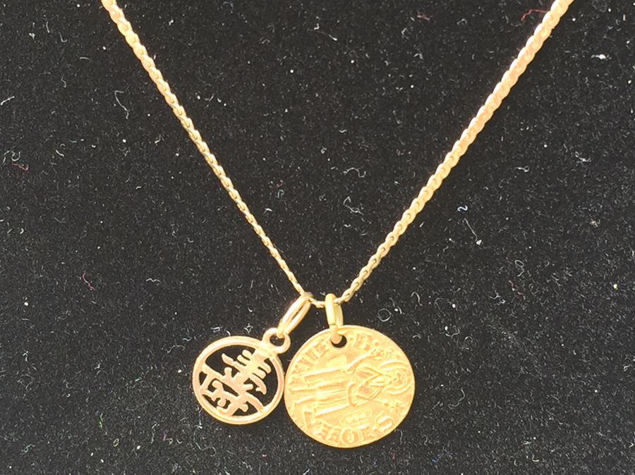 14K Gold Herringbone Necklace With Old 24K Gold Catholic Fleur De Lis Pendant And 14K Gold Asian Pendant [Photo 6]
