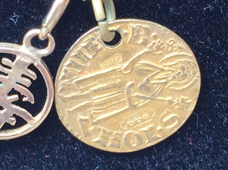 14K Gold Herringbone Necklace With Old 24K Gold Catholic Fleur De Lis Pendant And 14K Gold Asian Pendant [Photo 4]