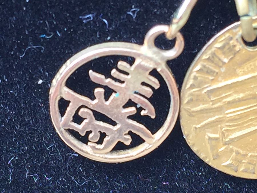 14K Gold Herringbone Necklace With Old 24K Gold Catholic Fleur De Lis Pendant And 14K Gold Asian Pendant [Photo 7]