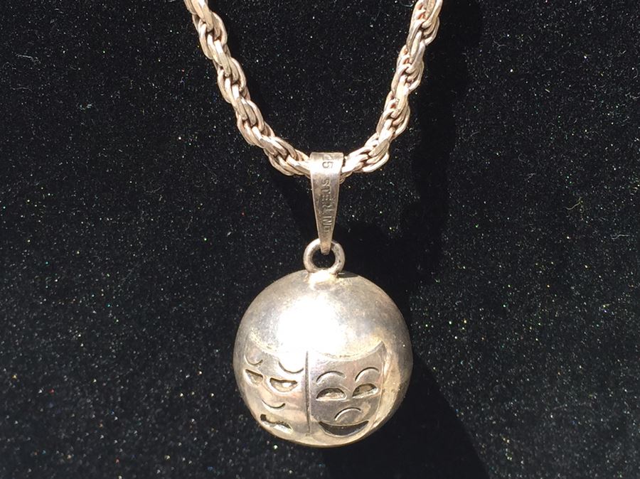 Vintage Sterling Silver 925 Mexico Chime Ball Pendant With Heavy Sterling Silver Chain And Drama Laughing And Weeping Faces [Photo 5]