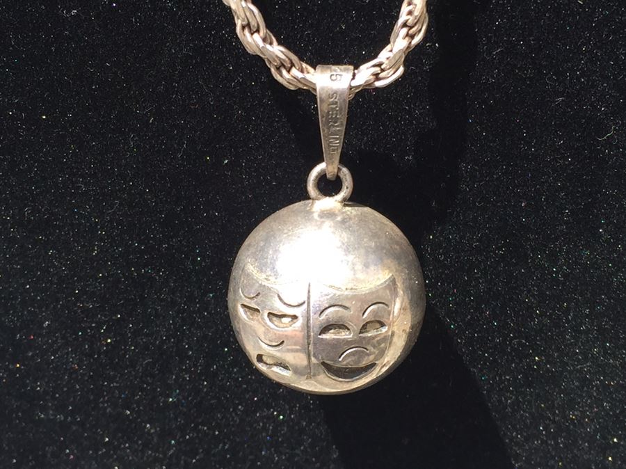 Vintage Sterling Silver 925 Mexico Chime Ball Pendant With Heavy Sterling Silver Chain And Drama Laughing And Weeping Faces [Photo 4]