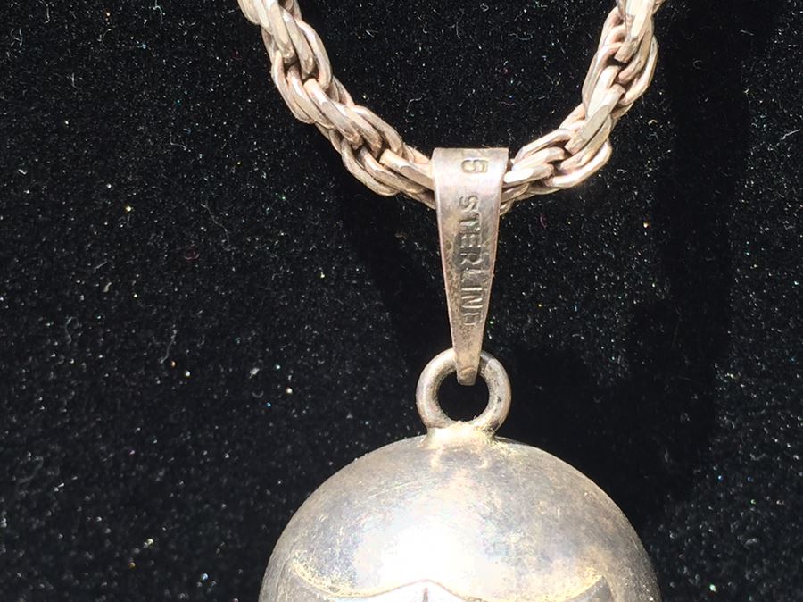 Vintage Sterling Silver 925 Mexico Chime Ball Pendant With Heavy Sterling Silver Chain And Drama Laughing And Weeping Faces [Photo 3]