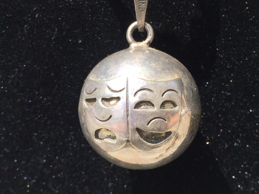 Vintage Sterling Silver 925 Mexico Chime Ball Pendant With Heavy Sterling Silver Chain And Drama Laughing And Weeping Faces [Photo 2]
